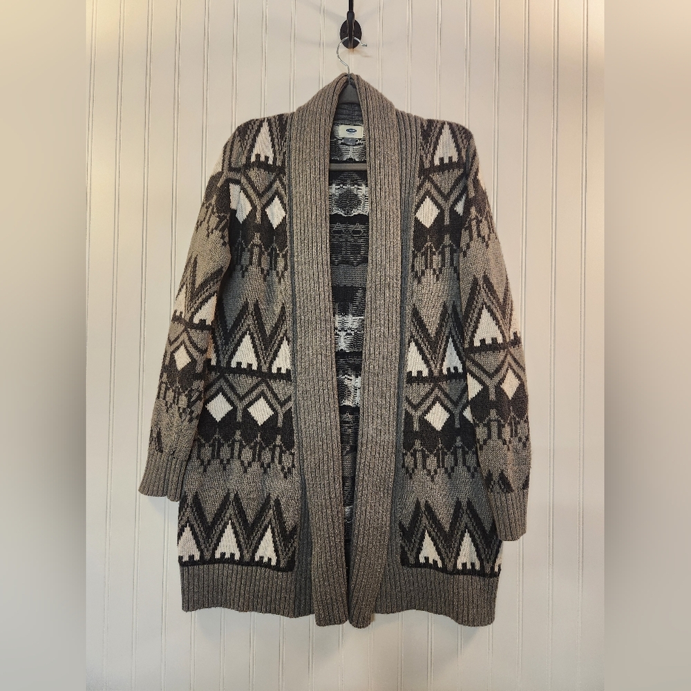 Old Navy Women's Grey Geometric Long Sleeve Open Cardigan Sweater Size M Warm